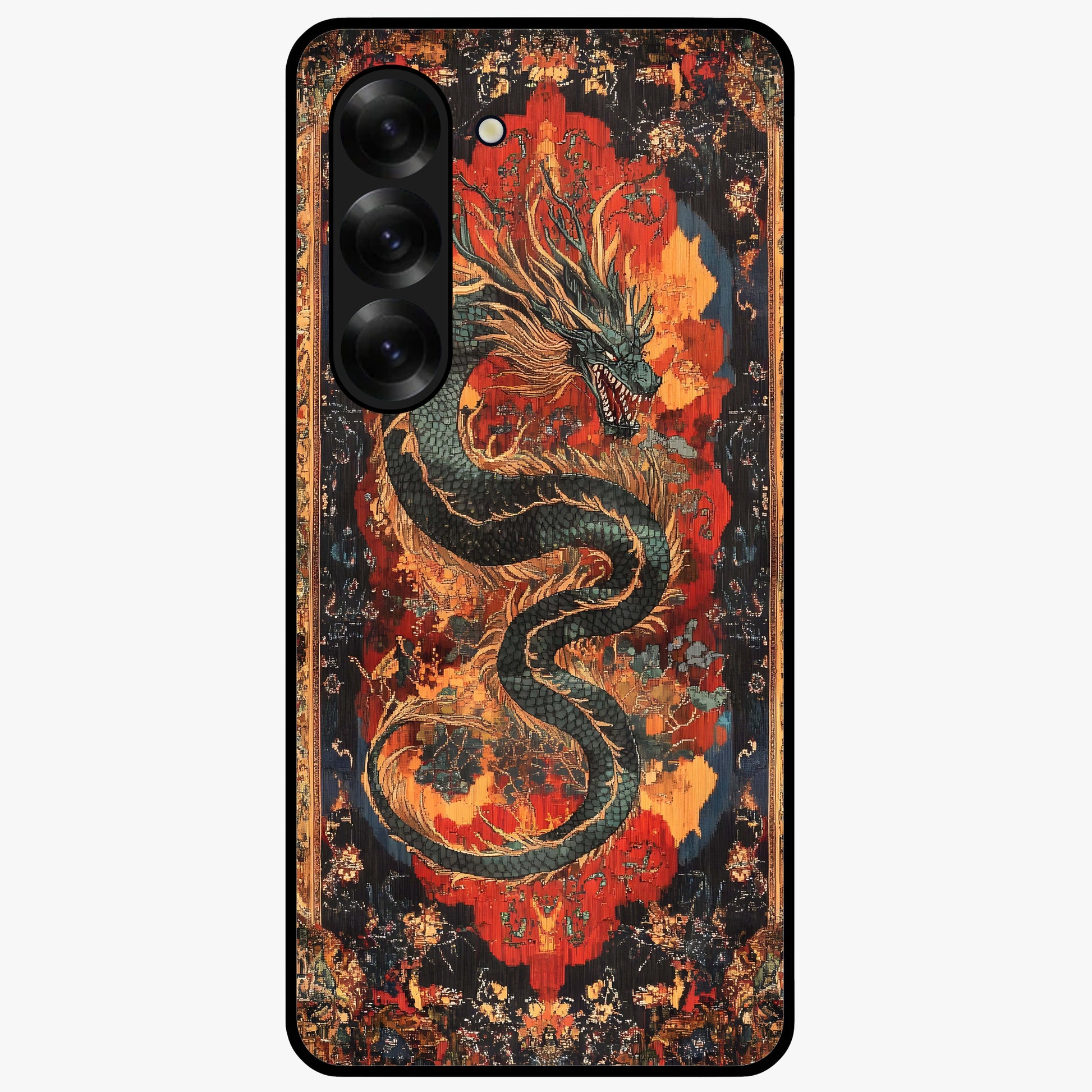 Inferno Dragon Soul Glass Case showing flat back view with fiery dragon artwork and glossy glass finish.