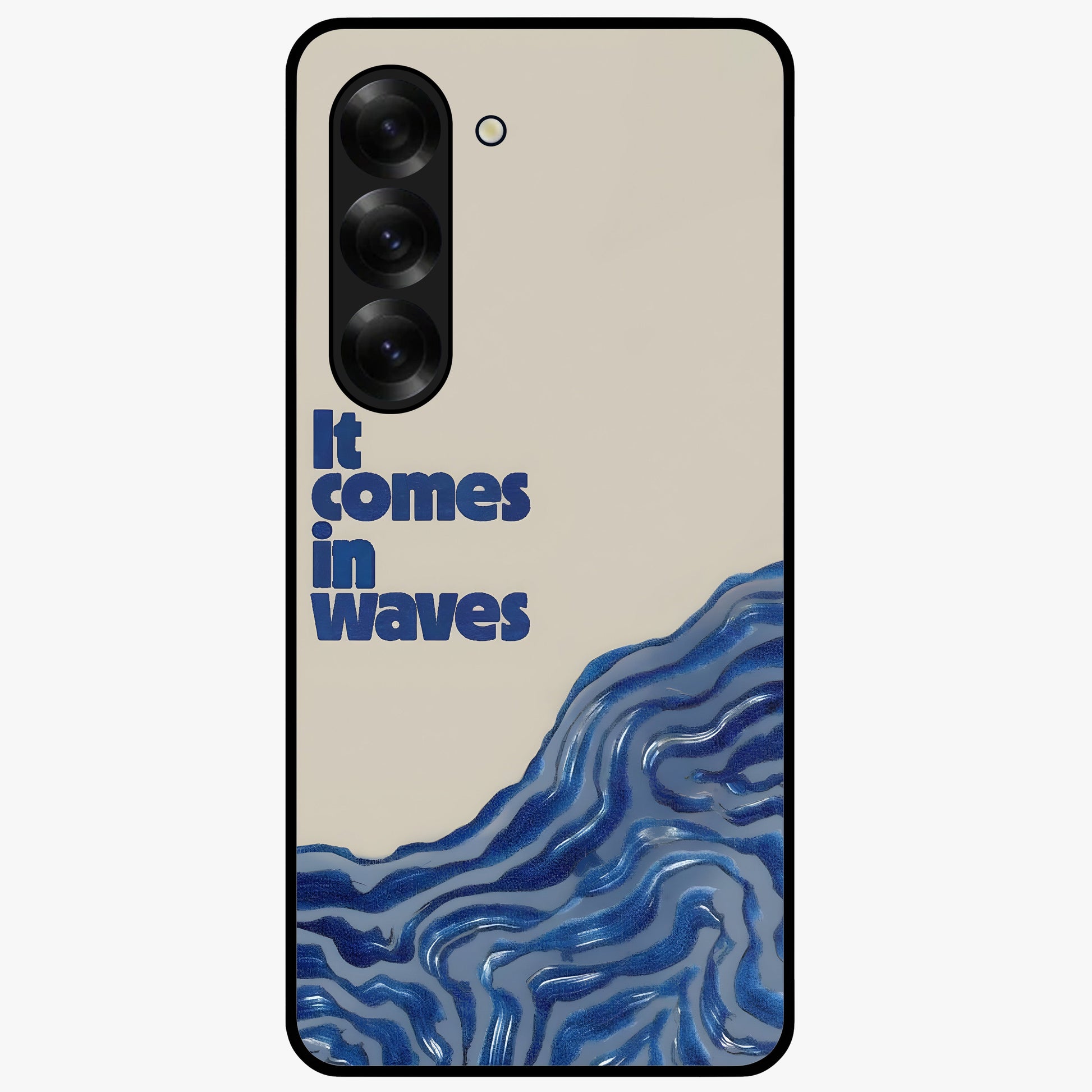 It Comes In Waves Quote Glass Case showing flat back view with inspirational wave themed quote artwork and glossy glass finish.