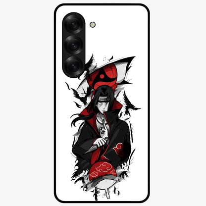 Itachi Sharingan Glass Case showing flat back view with powerful anime eye artwork and glossy glass finish.