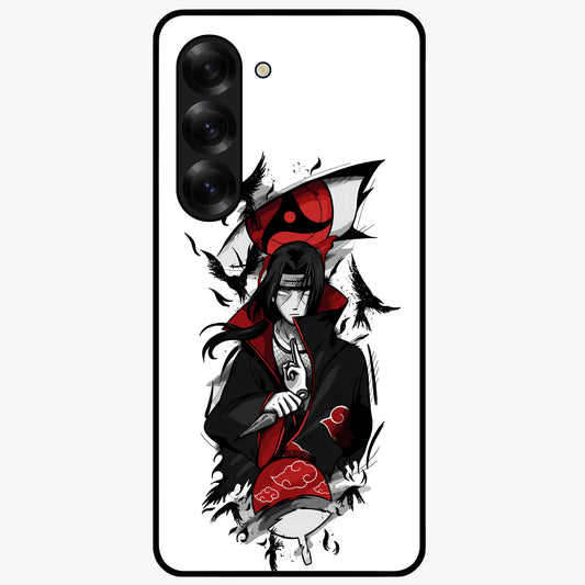 Itachi Sharingan Glass Case showing flat back view with powerful anime eye artwork and glossy glass finish.