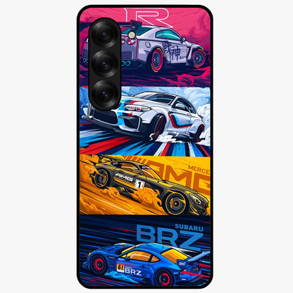 JDM Sports Car Glass Case showing flat back view with high performance sports car artwork and glossy glass finish.