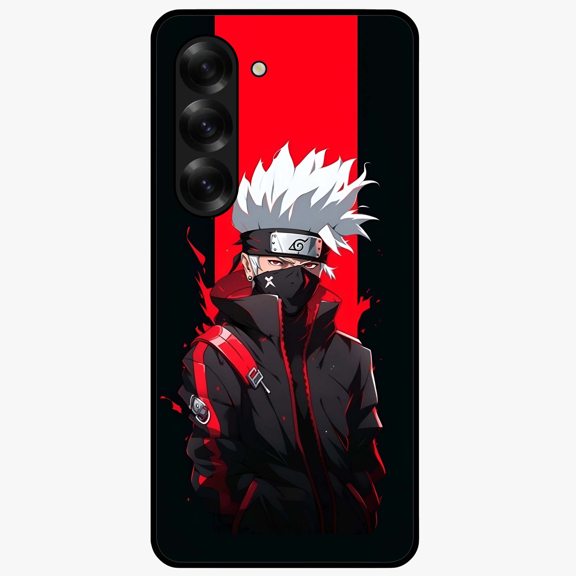 Kakashi Scarlet Shadow Glass Case showing flat back view with powerful anime ninja artwork and glossy glass finish.