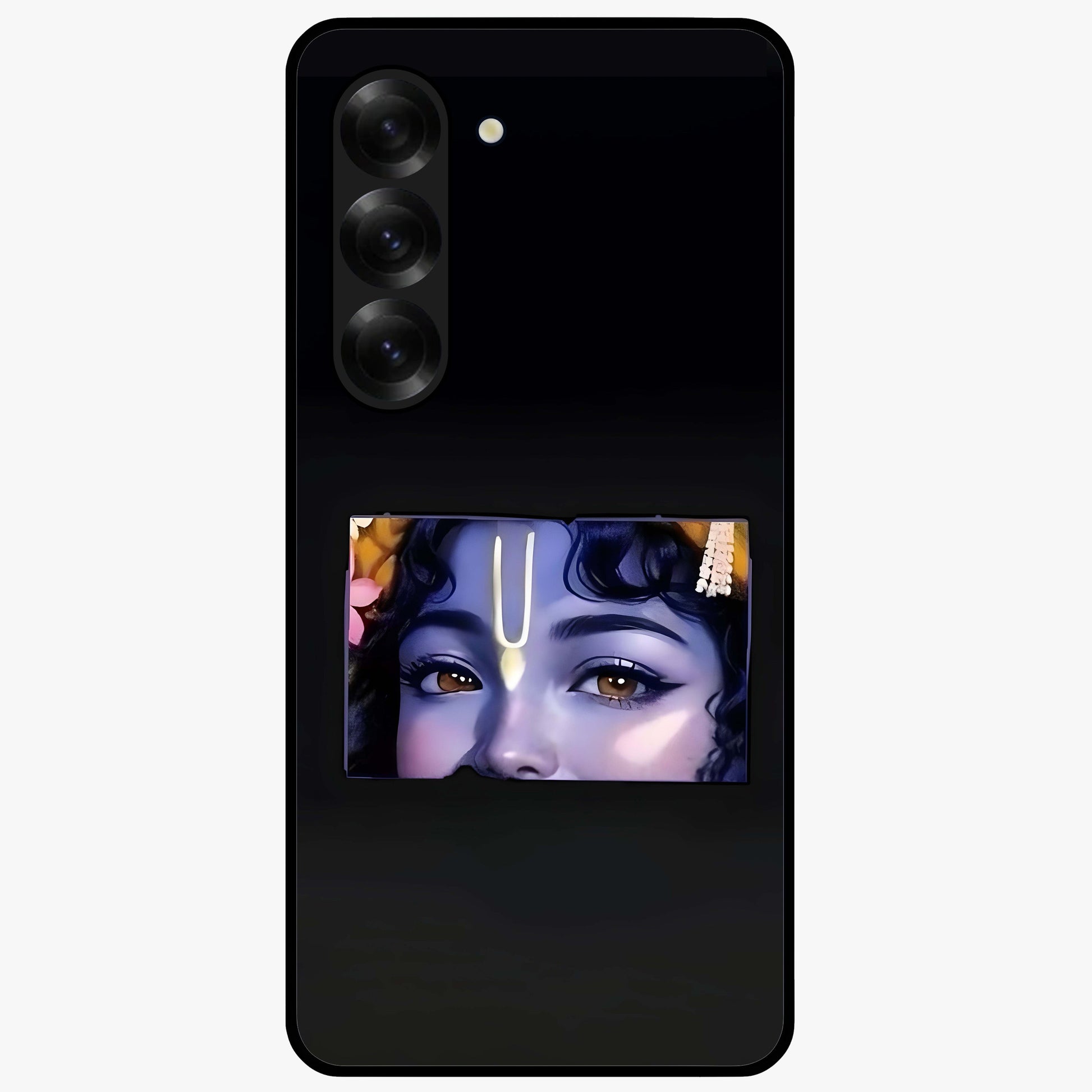 Krishna Divine Embrace Glass Case showing flat back view with Lord Krishna devotional artwork and glossy glass finish.
