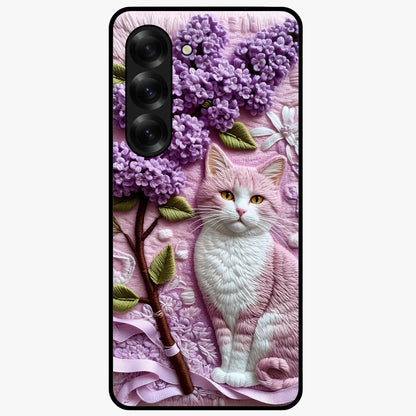 Lavender Cat Whimsy Glass Case showing flat back view with cute lavender cat artwork and glossy glass finish.