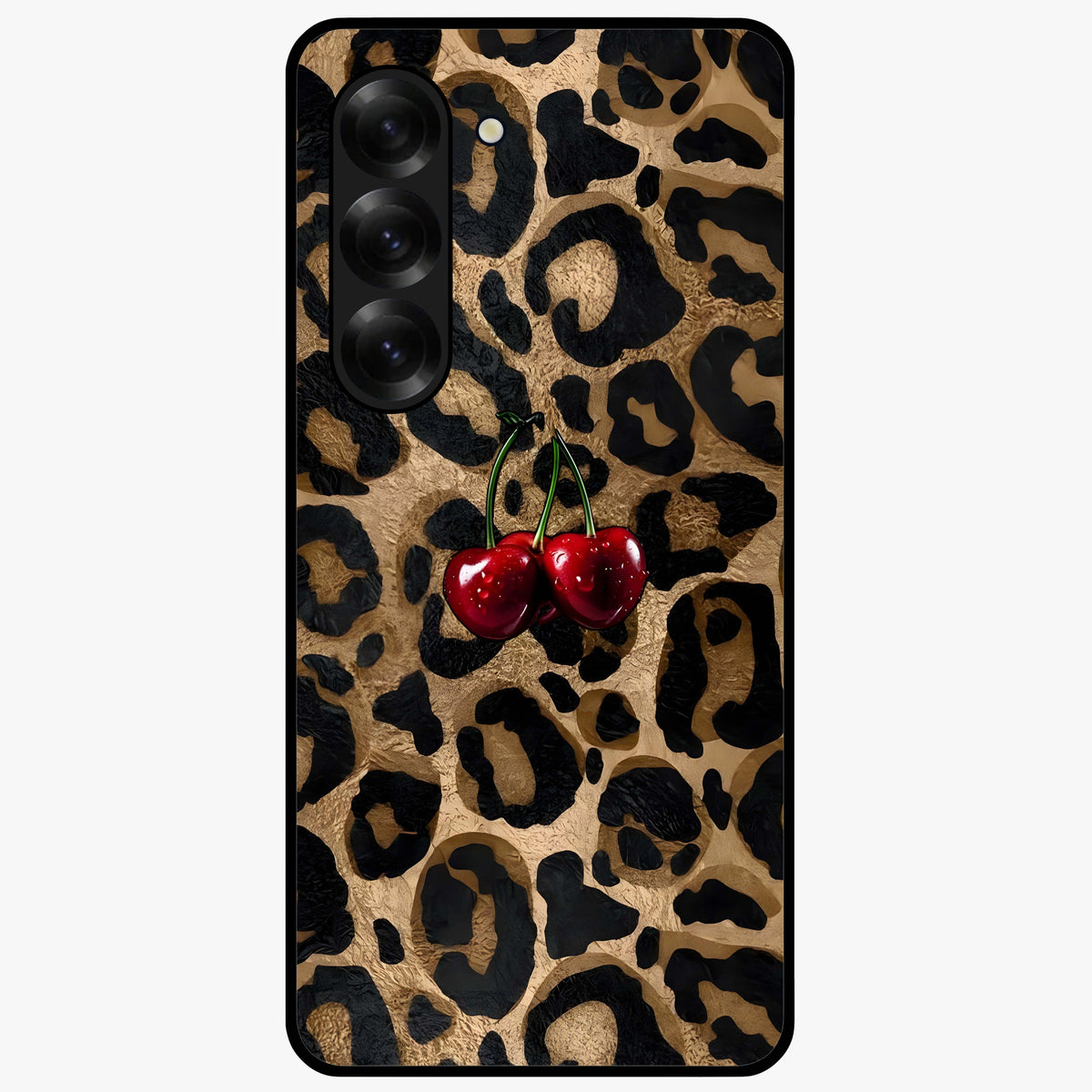 Leopard Wild Cherry Glass Case showing flat back view with leopard pattern and cherry artwork and glossy glass finish.