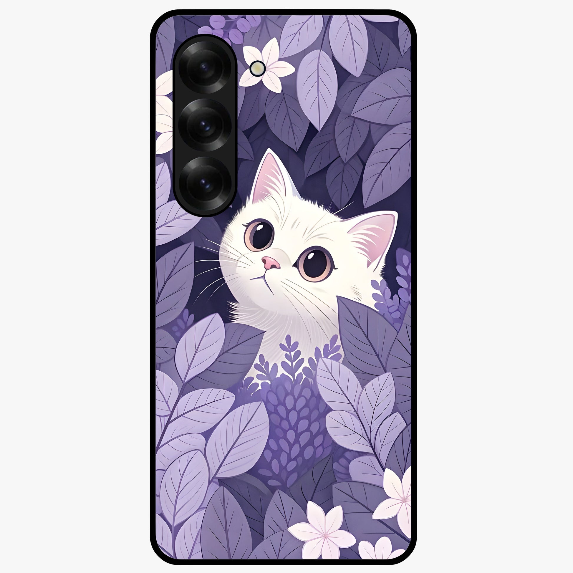 Lilac Hide Peek Cat Glass Case showing flat back view with cute peeking cat artwork and glossy glass finish.