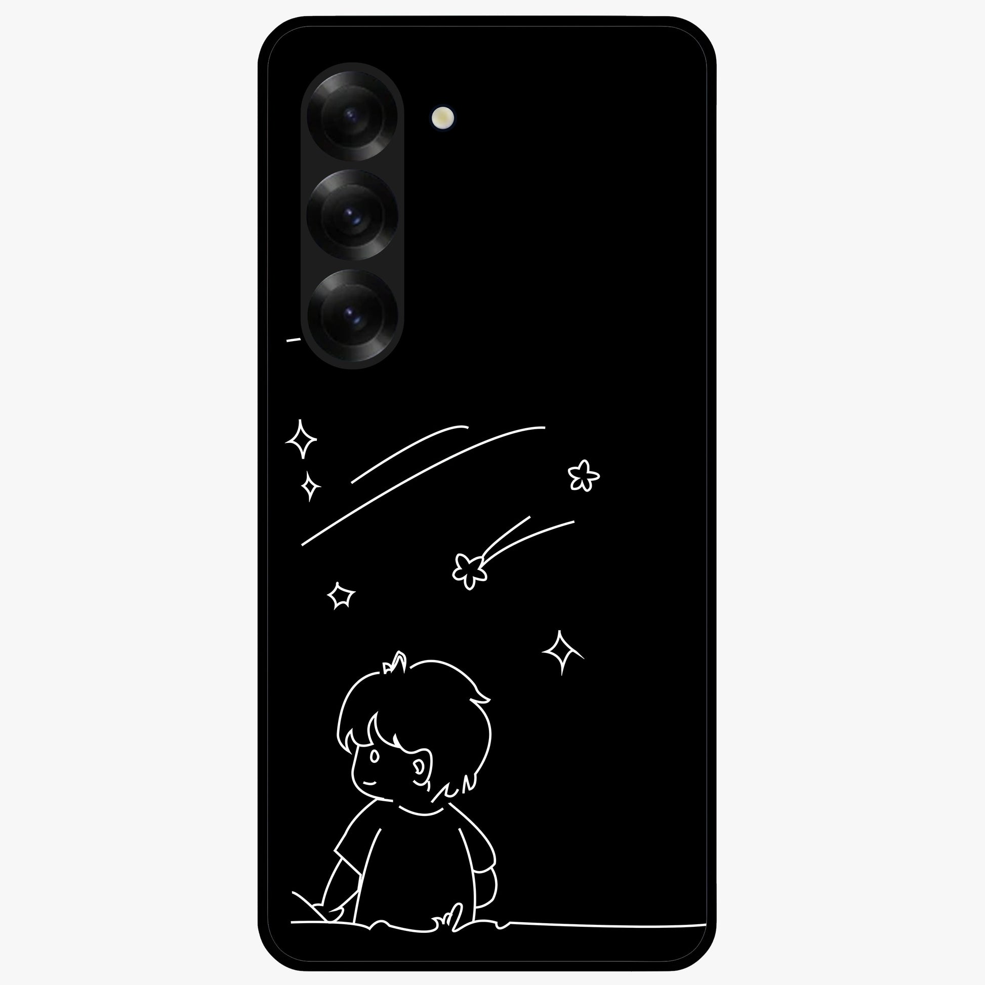 Line Art Boy With Shooting Stars Glass Case showing flat back view with minimal line art boy and shooting stars illustration and glossy glass finish.