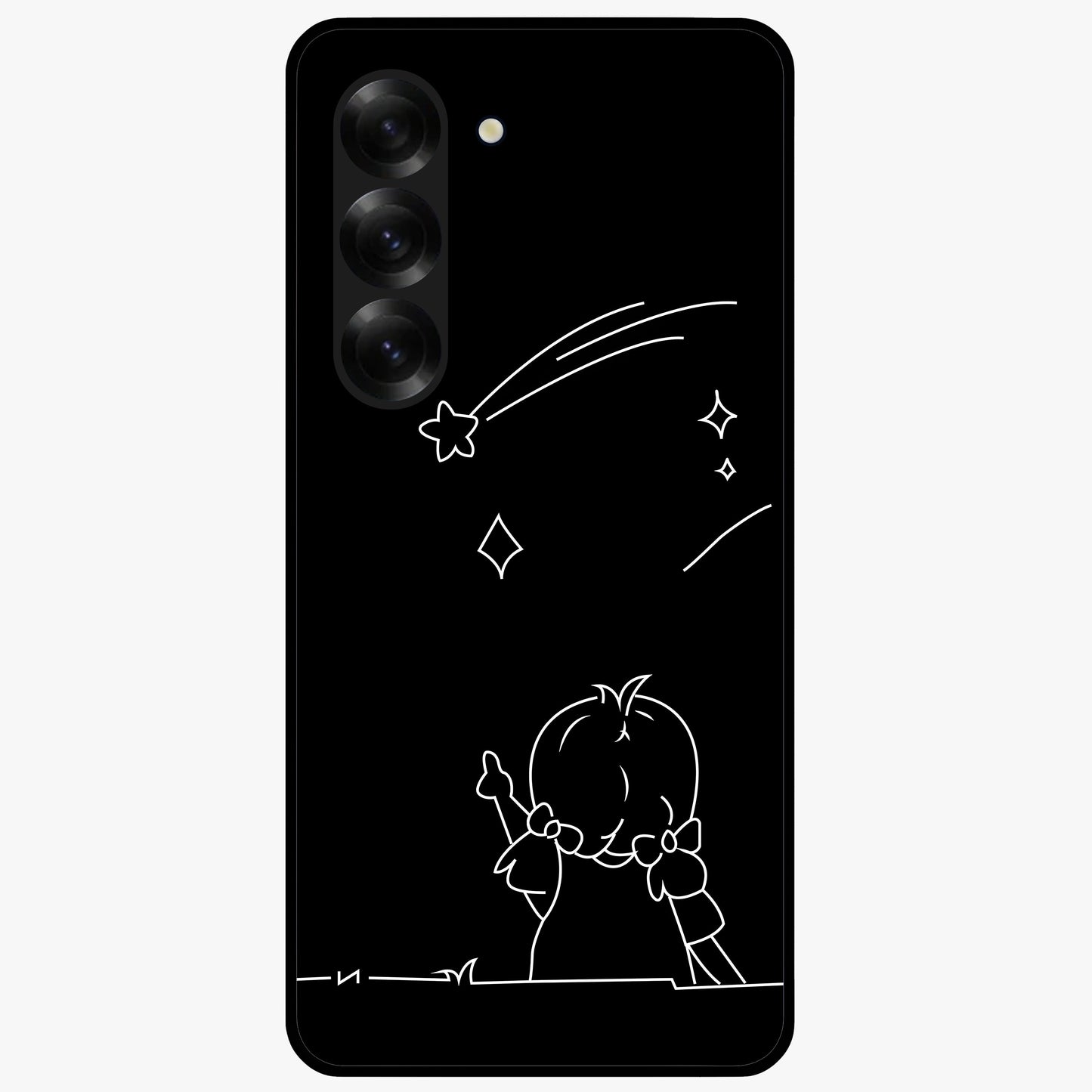Line Art Girl With Shooting Stars Glass Case showing flat back view with minimal line art girl and shooting stars illustration and glossy glass finish.