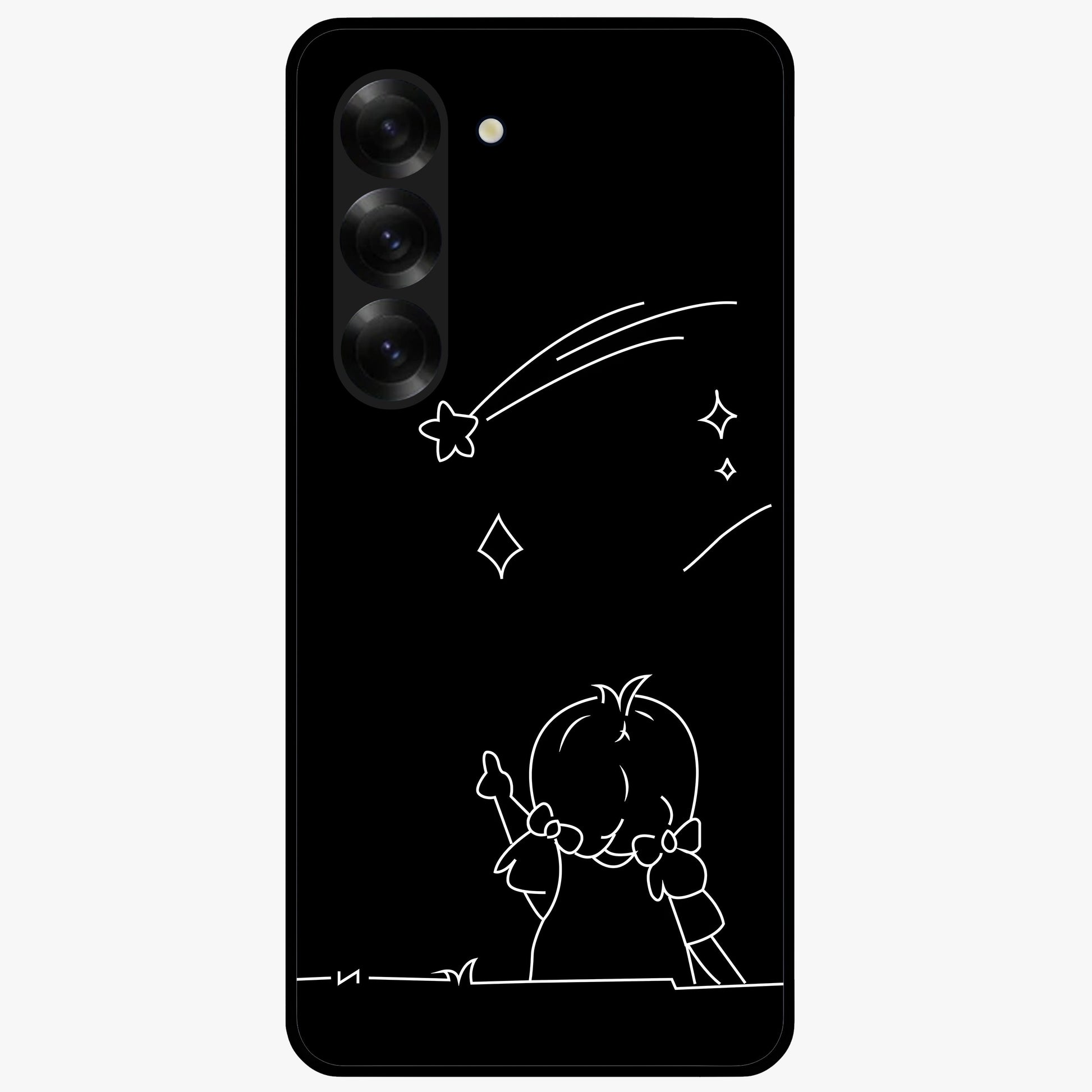 Line Art Girl With Shooting Stars Glass Case showing flat back view with minimal line art girl and shooting stars illustration and glossy glass finish.