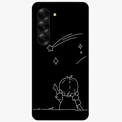 Line Art Girl With Shooting Stars Glass Case showing flat back view with minimal line art girl and shooting stars illustration and glossy glass finish.