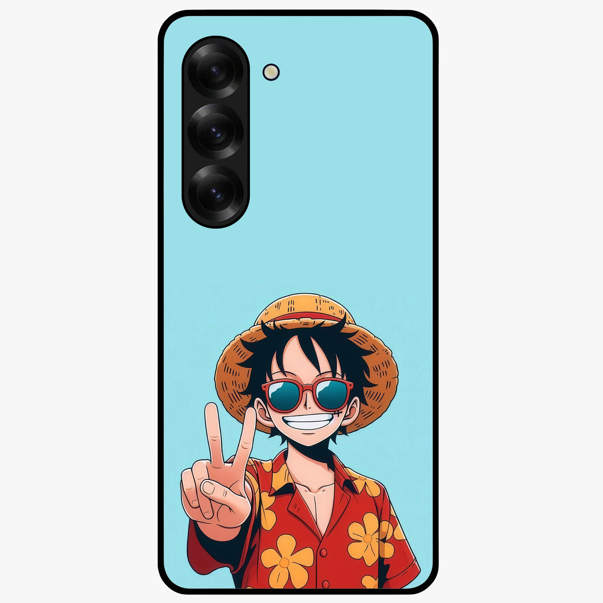 Luffy Summer Anime Vibe Glass Case showing flat back view with vibrant anime character artwork and glossy glass finish.
