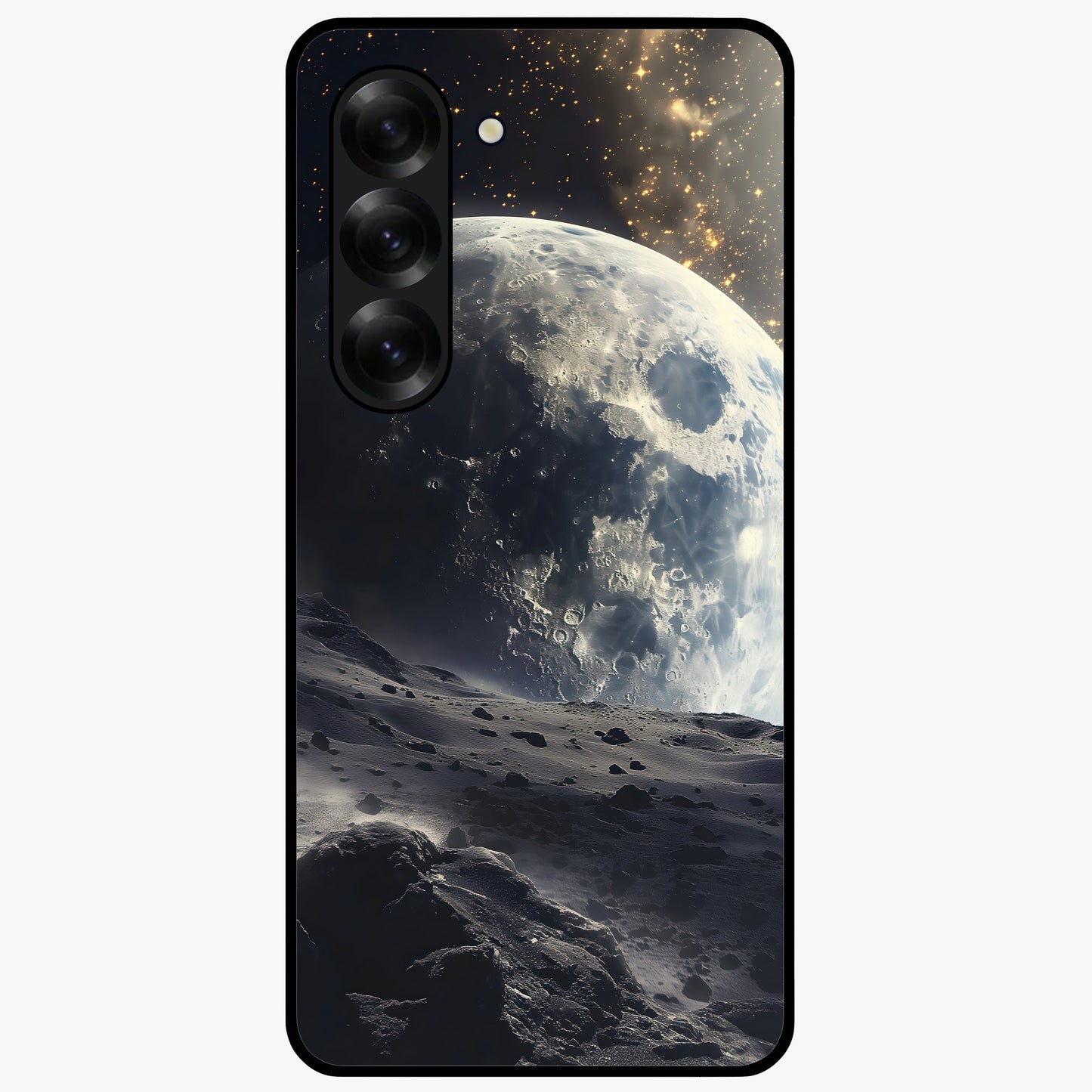 Lunar Horizon Glow Glass Case showing flat back view with glowing moon horizon artwork and glossy glass finish.