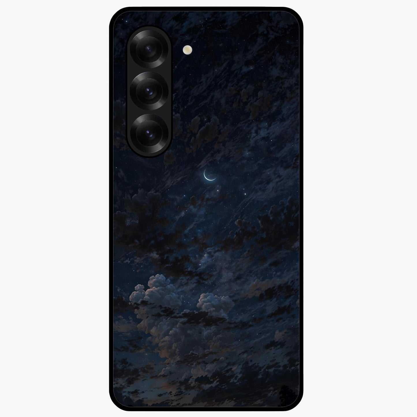 Lunar Veil Silence Glass Case showing flat back view with mystical moon veil artwork and glossy glass finish.