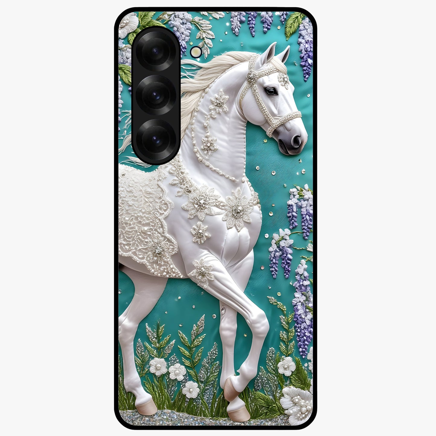 Majestic Floral Stallion Glass Case showing flat back view with powerful horse and floral artwork and glossy glass finish.