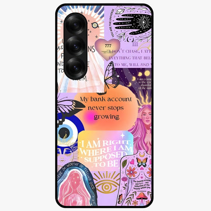 Manifestation Collage Glass Case showing flat back view with motivational collage artwork and glossy glass finish.