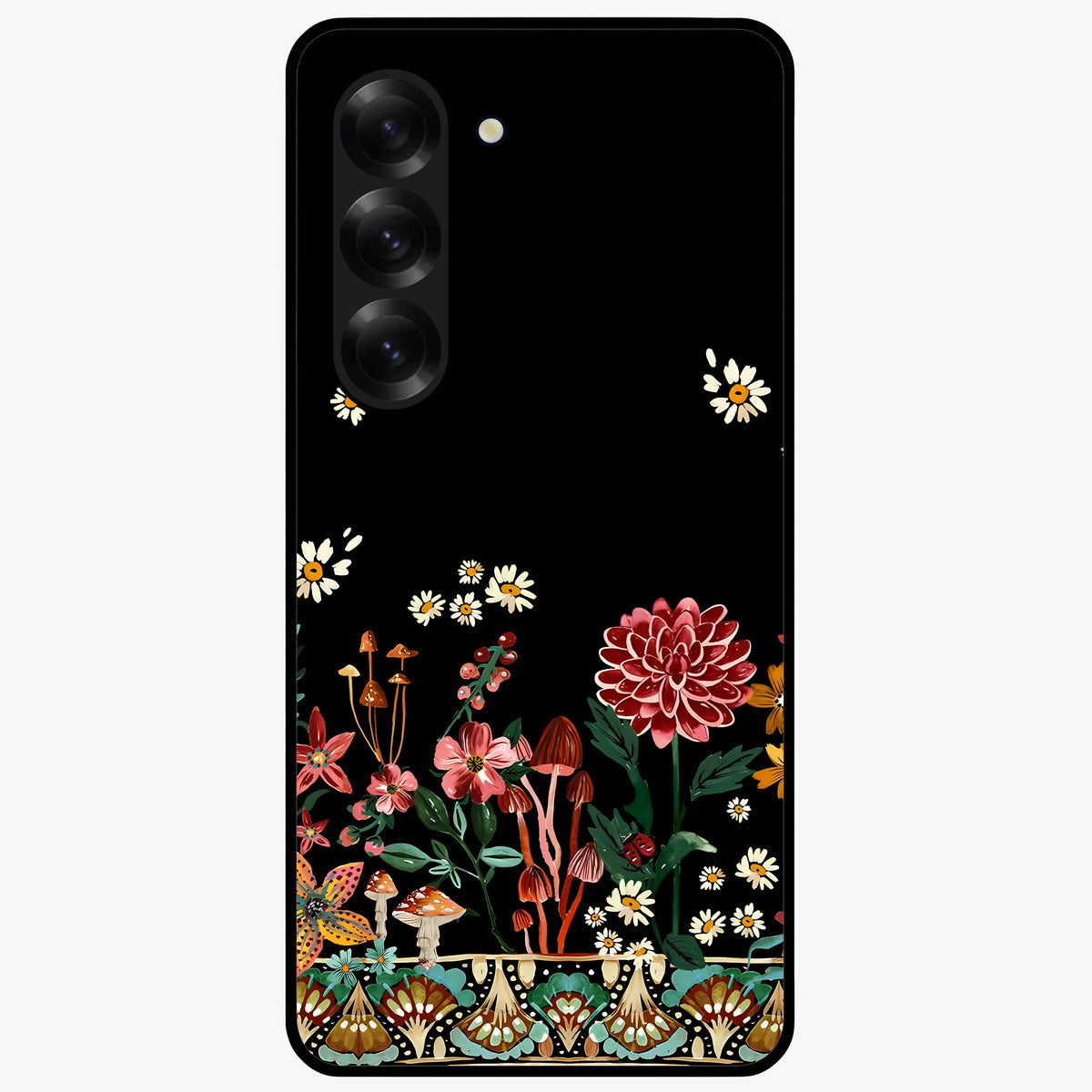 Midnight Bloom Pattern Glass Case showing flat back view with dark floral pattern artwork and glossy glass finish.