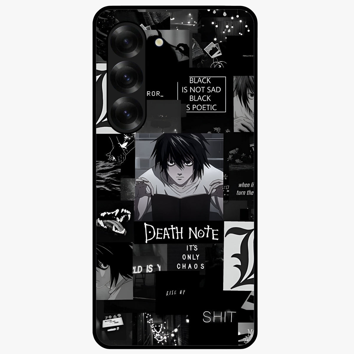 Midnight Chaos Mind Glass Case showing flat back view with abstract dark themed artwork and glossy glass finish.