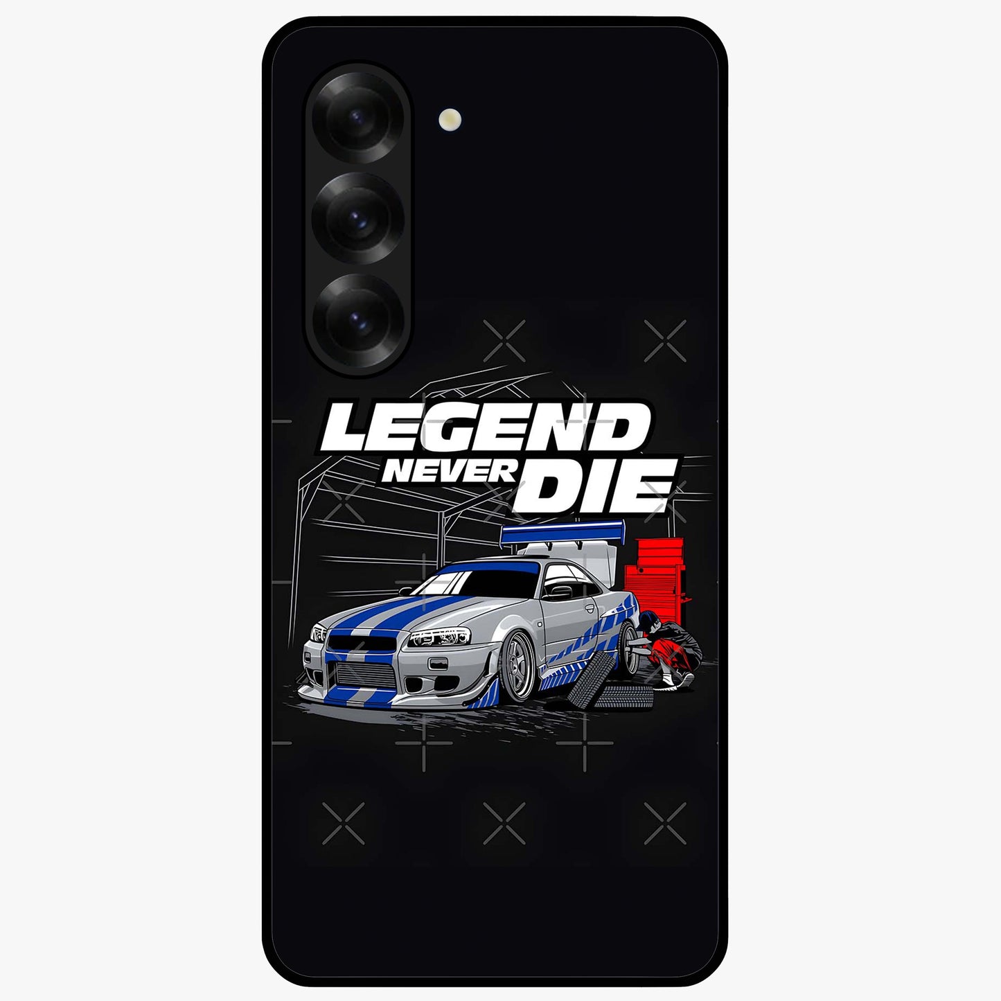 Midnight Racing Legacy Glass Case showing flat back view with sleek racing inspired artwork and glossy glass finish.