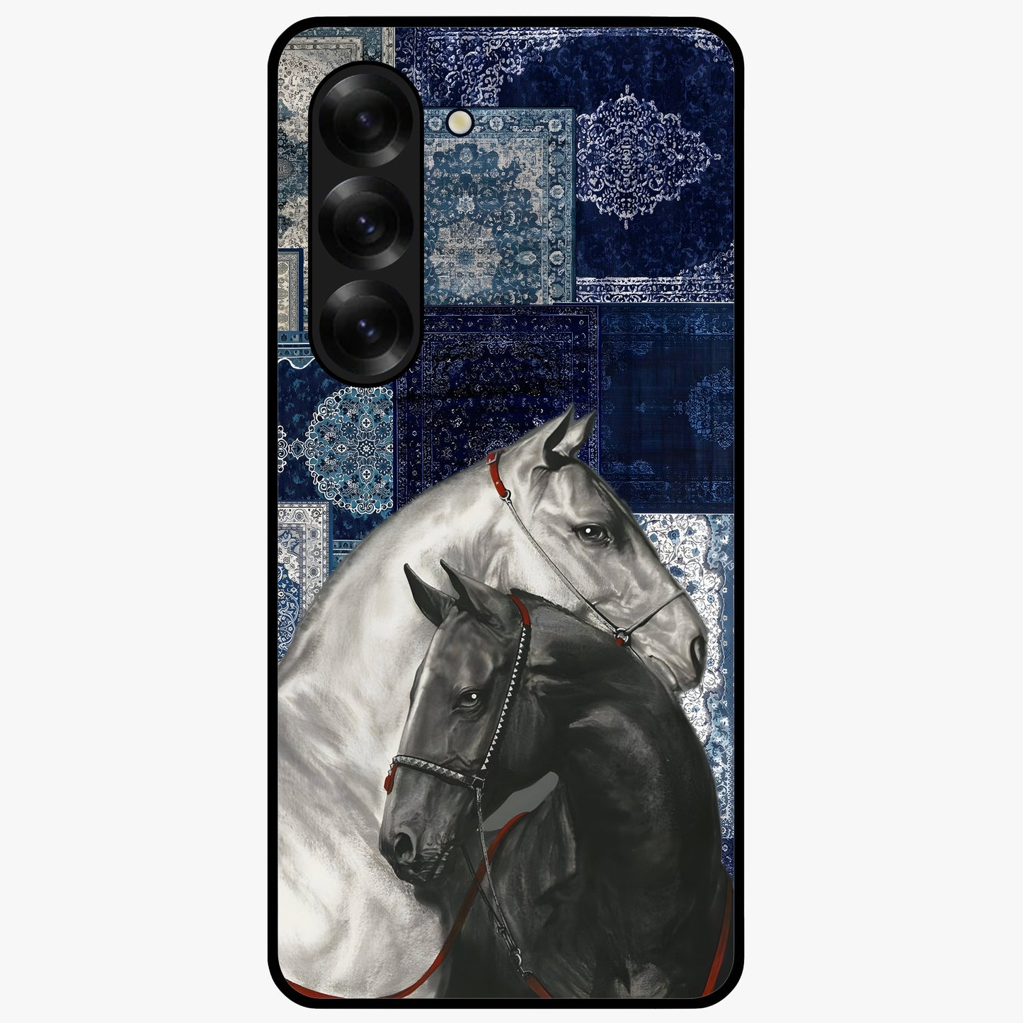Midnight Stallion Blues Glass Case showing flat back view with majestic horse artwork and glossy glass finish.
