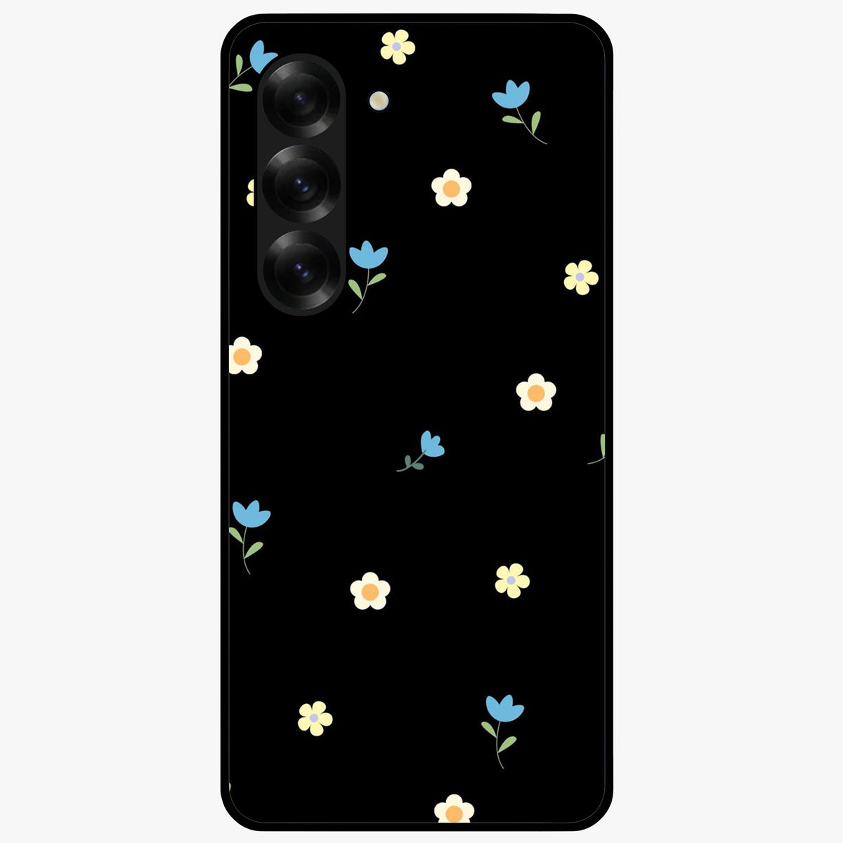 Minimalistic Blue With White Flower Pattern Glass Case showing flat back view with blue background and white flower pattern and glossy glass finish.