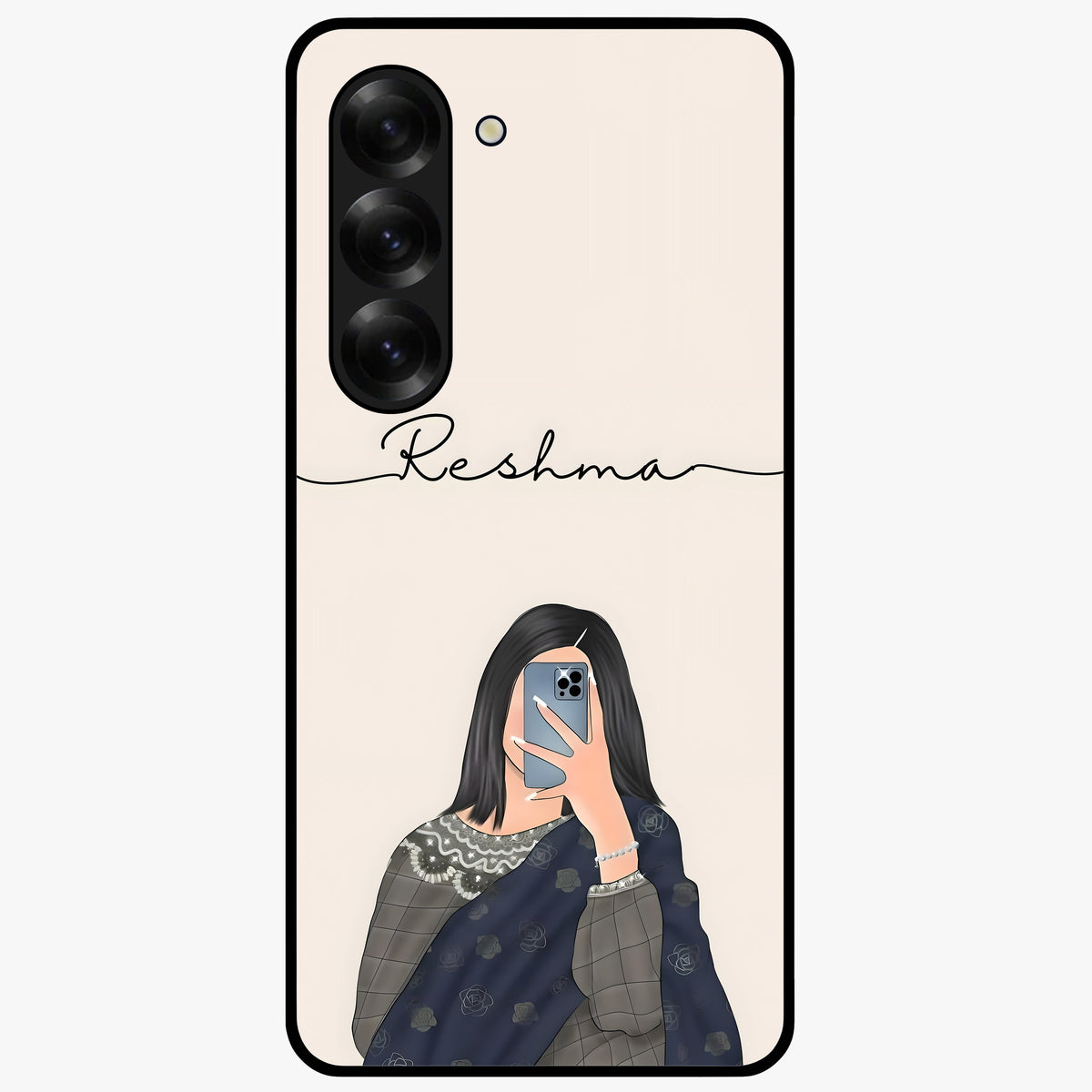 Mirror Mood Muse With Custom Name Glass Case showing flat back view with stylish mirrored artwork and personalized name design.