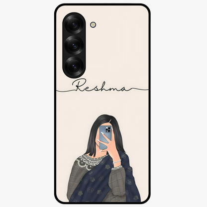 Mirror Mood Muse With Custom Name Glass Case showing flat back view with stylish mirrored artwork and personalized name design.