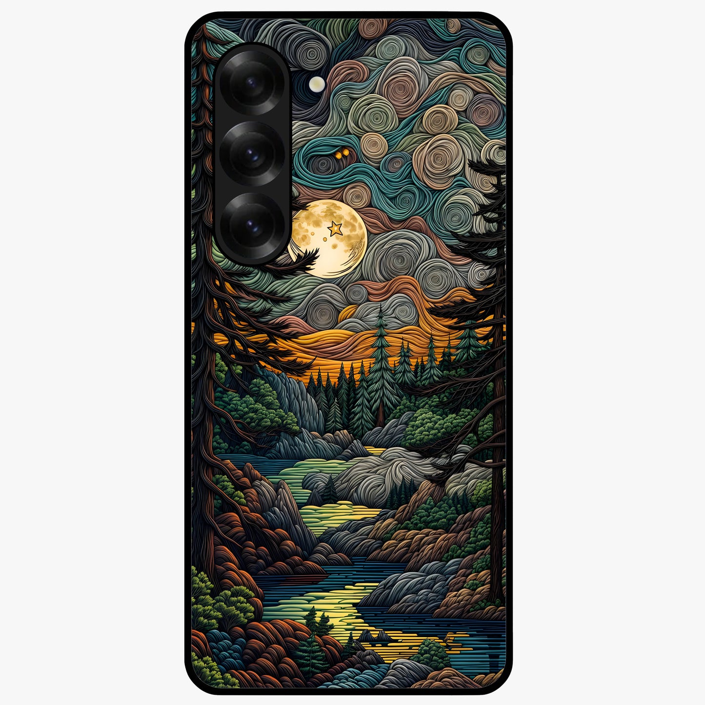 Moonlight Forest Dream Glass Case showing flat back view with mystical forest moonlight artwork and glossy glass finish.