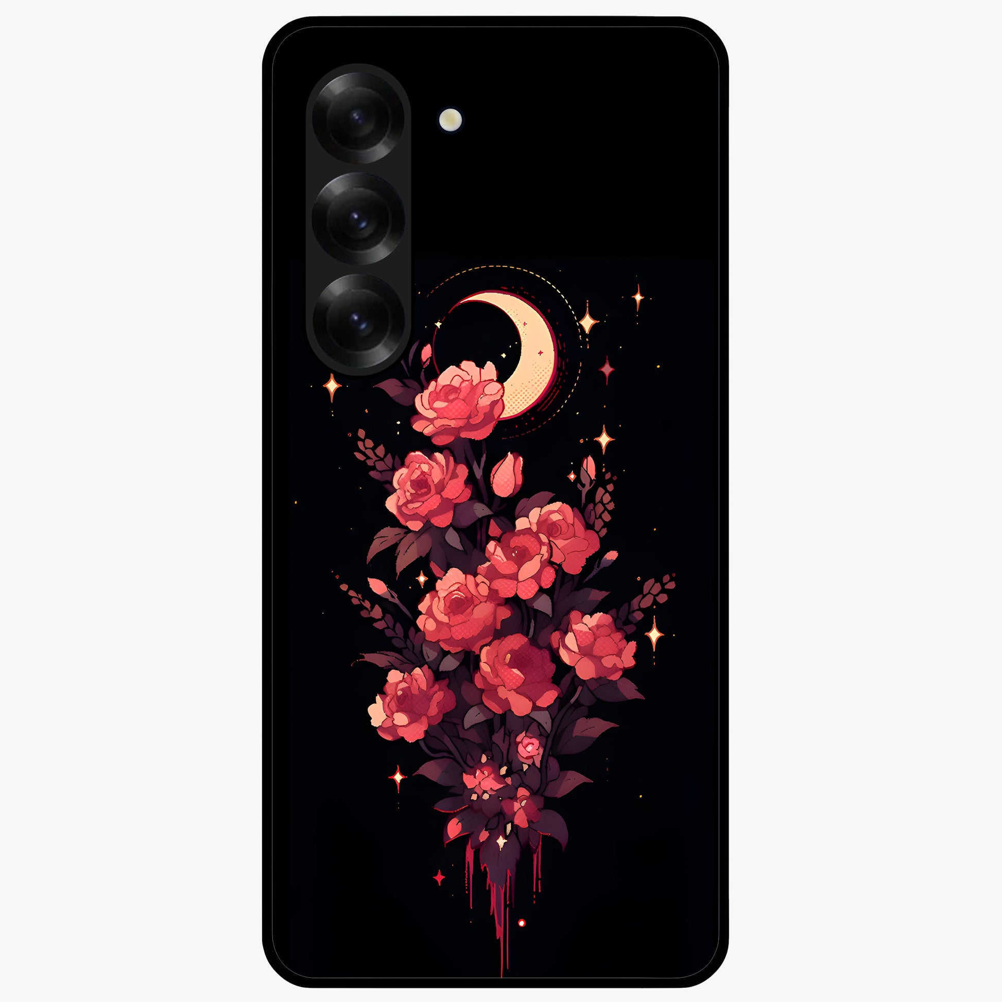 Moonlit Floral Elegance Glass Case showing flat back view with elegant floral artwork under moonlit tones and glossy glass finish.