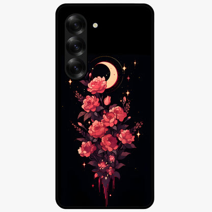 Moonlit Floral Elegance Glass Case showing flat back view with elegant floral artwork under moonlit tones and glossy glass finish.