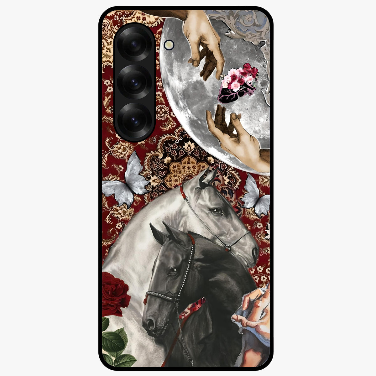 Moonlit Royal Stallion Glass Case showing flat back view with majestic horse under moonlight artwork and glossy glass finish.
