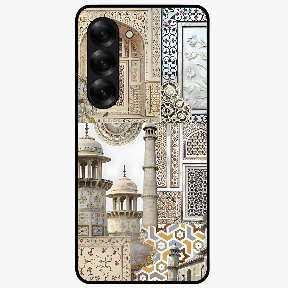 Mughal Marble Legacy Glass Case showing flat back view with intricate Mughal inspired marble pattern and glossy glass finish.