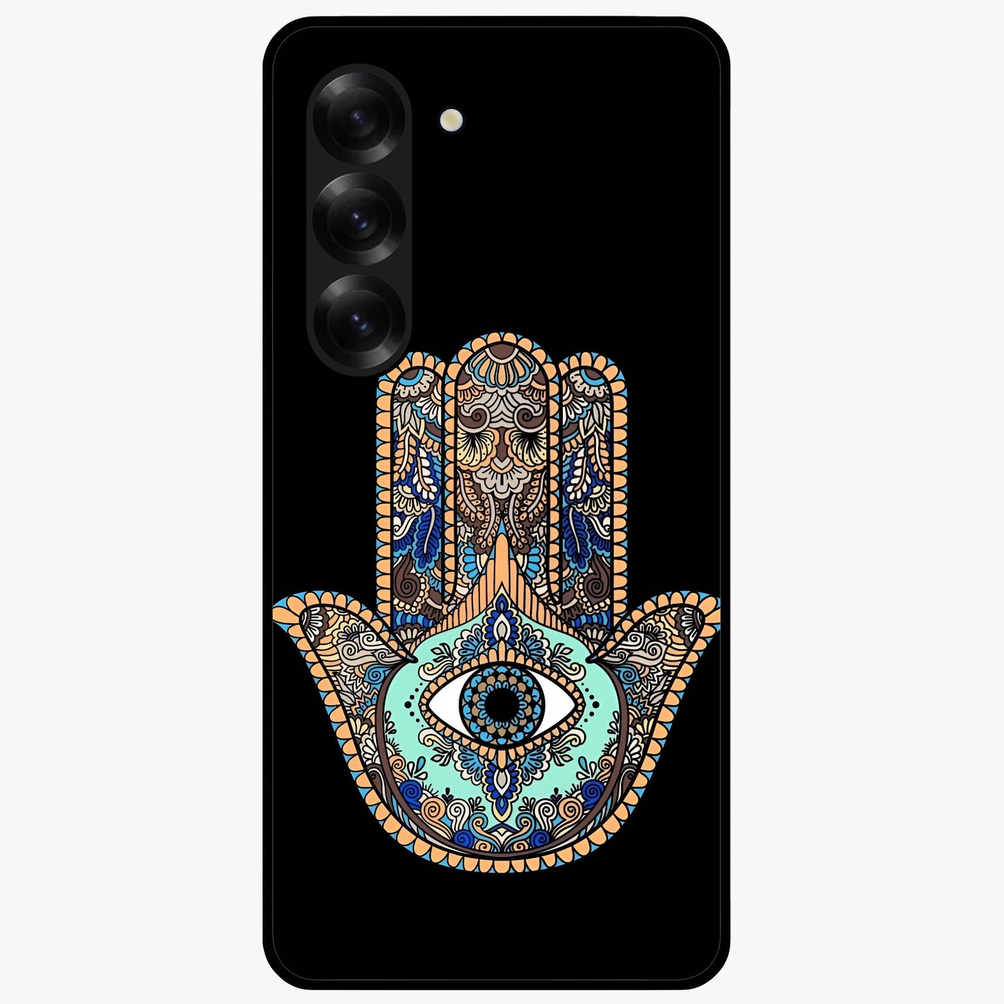 Mystic Hamsa Eye Glass Case showing flat back view with protective hamsa hand and evil eye artwork and glossy glass finish.