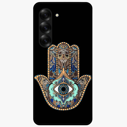 Mystic Hamsa Eye Glass Case showing flat back view with protective hamsa hand and evil eye artwork and glossy glass finish.