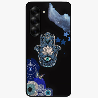 Mystic Hand Aura Glass Case showing flat back view with mystical hand symbol artwork and glossy glass finish.