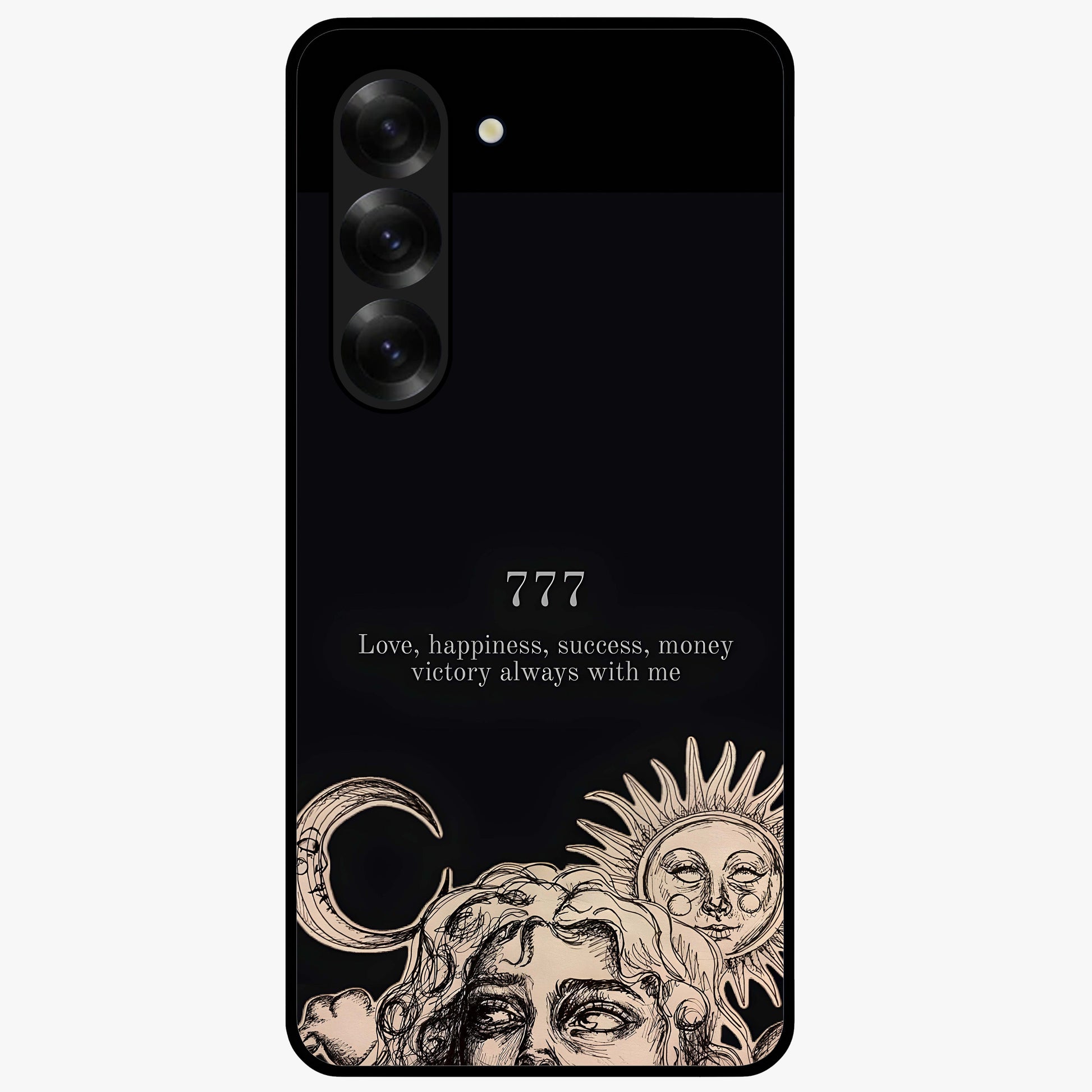 Mystic Victory Aura Glass Case showing flat back view with victory symbol artwork and glossy glass finish.