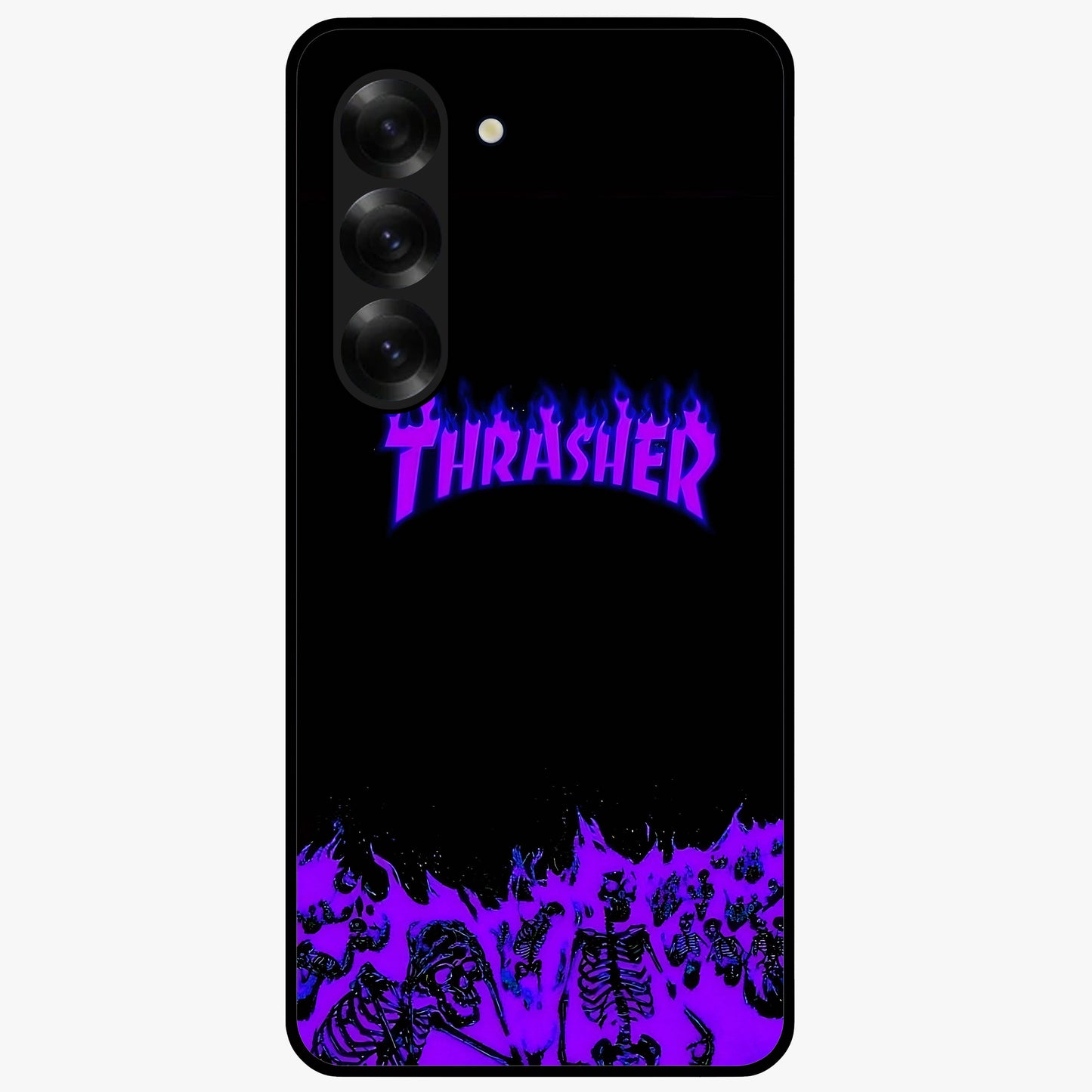 Neon Flame Riot Glass Case showing flat back view with neon flame artwork and glossy glass finish.
