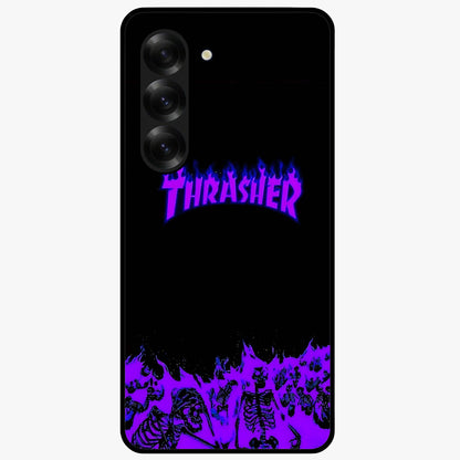 Neon Flame Riot Glass Case showing flat back view with neon flame artwork and glossy glass finish.
