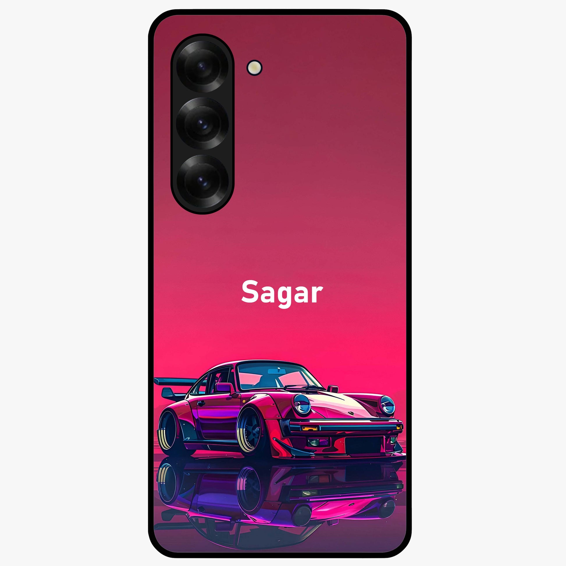 Neon Pink Porsche Glass Case showing flat back view with stylish sports car artwork and glossy glass finish.