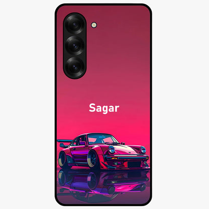 Neon Pink Porsche Glass Case showing flat back view with stylish sports car artwork and glossy glass finish.