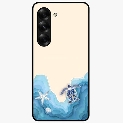 Ocean Drift Turtle Glass Case showing flat back view with sea turtle artwork and glossy glass finish.