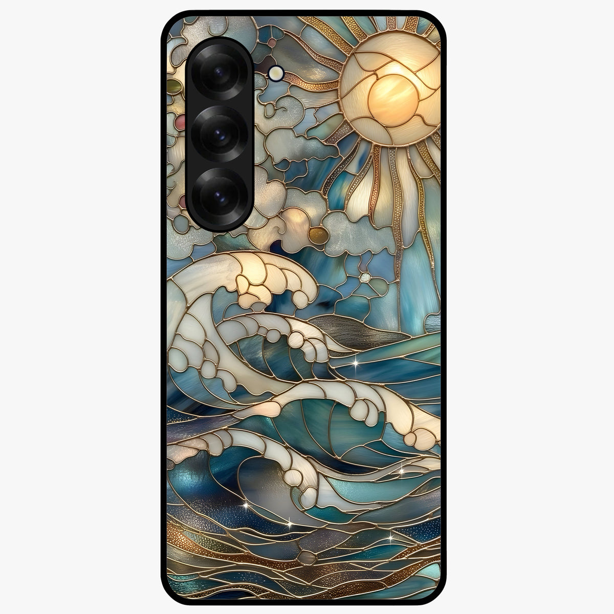 Oceanic Stained Printed Glass Case showing flat back view with ocean inspired stained pattern artwork and glossy glass finish.
