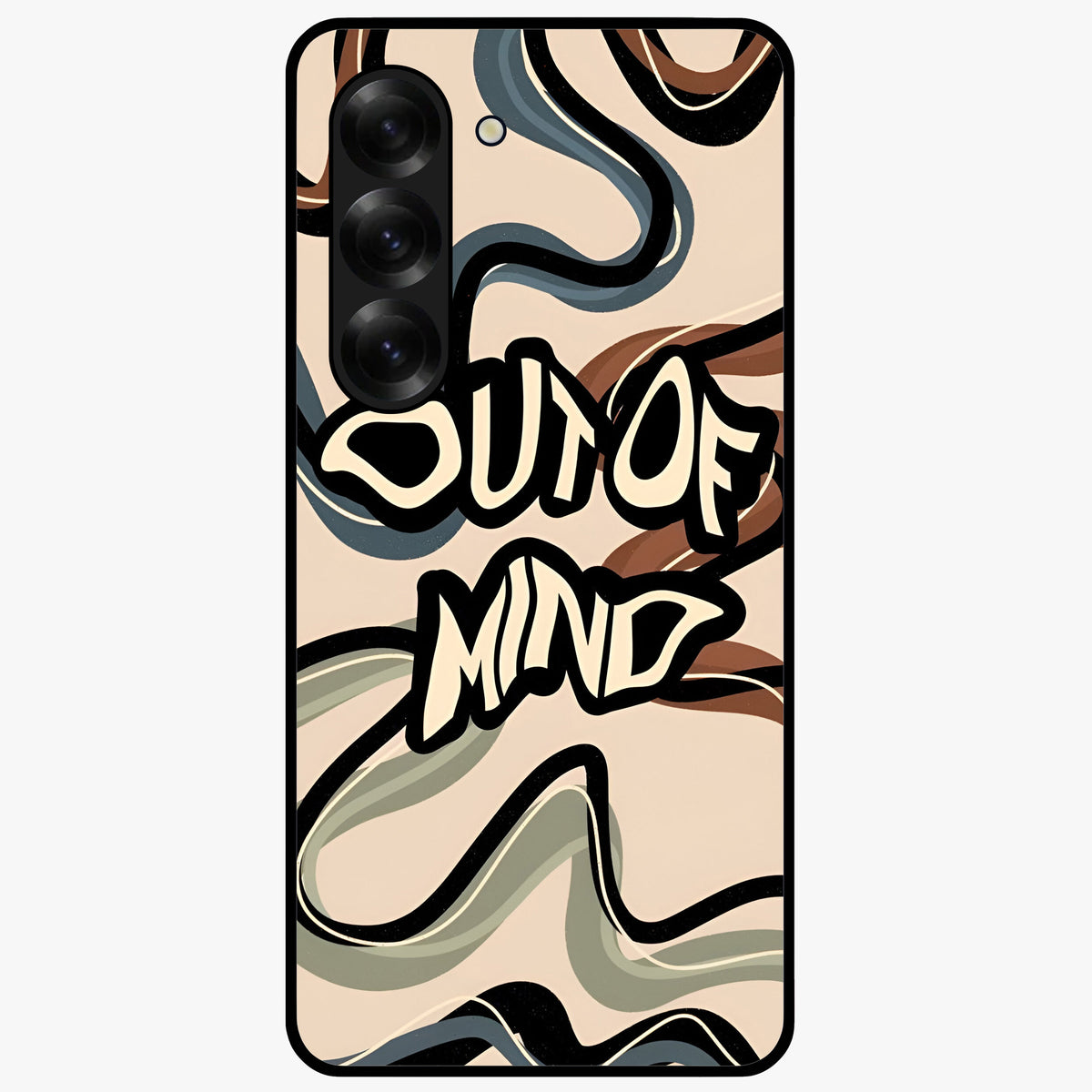 Out Of Mind Glass Case showing flat back view with expressive typography artwork and glossy glass finish.