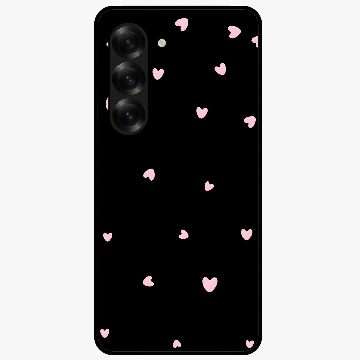 Pink Love Drops Glass Case showing flat back view with playful pink heart drops artwork and glossy glass finish.