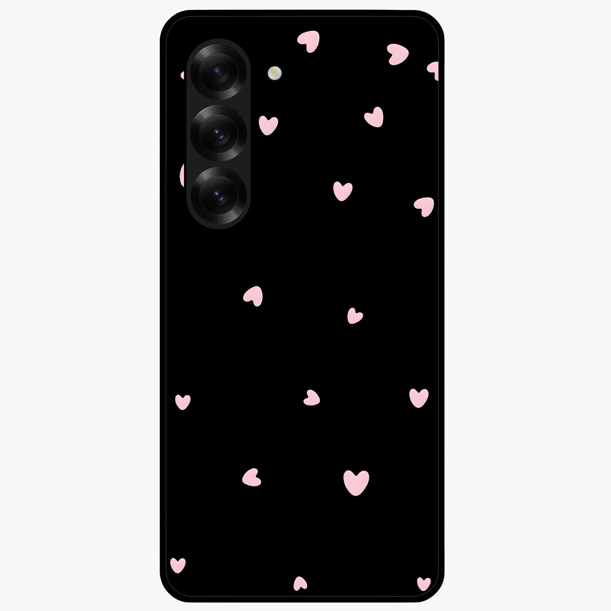 Pink Love Drops Glass Case showing flat back view with playful pink heart drops artwork and glossy glass finish.