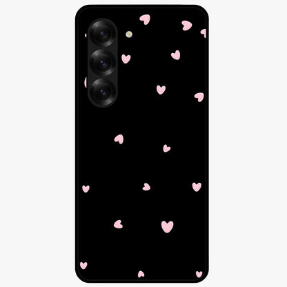 Pink Love Drops Glass Case showing flat back view with playful pink heart drops artwork and glossy glass finish.