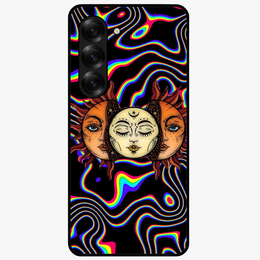 Psychedelic Sun Glass Case showing flat back view with colorful psychedelic sun artwork and glossy glass finish.