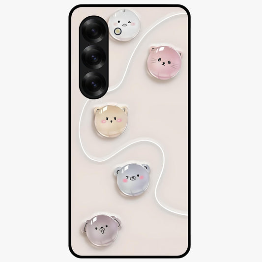 Puffy Face Parade Glass Case showing flat back view with cute puffy character faces artwork and glossy glass finish.