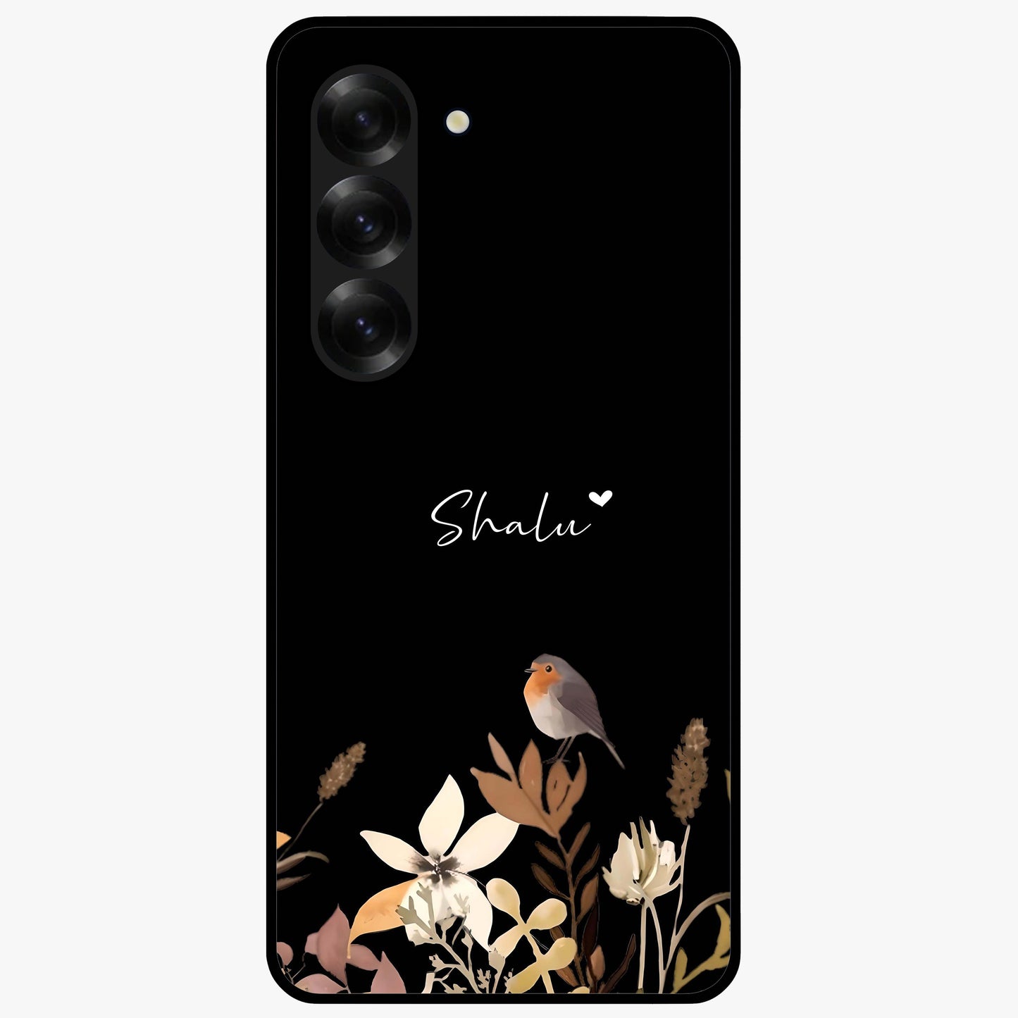 Quiet Garden Tune Custom Name Glass Case showing flat back view with peaceful garden artwork and personalized name design.