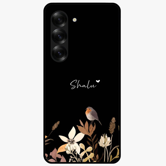 Quiet Garden Tune Custom Name Glass Case showing flat back view with peaceful garden artwork and personalized name design.
