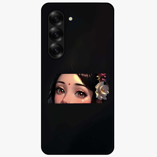 Radha Divine Embrace Glass Case showing flat back view with devotional Radha artwork and glossy glass finish.